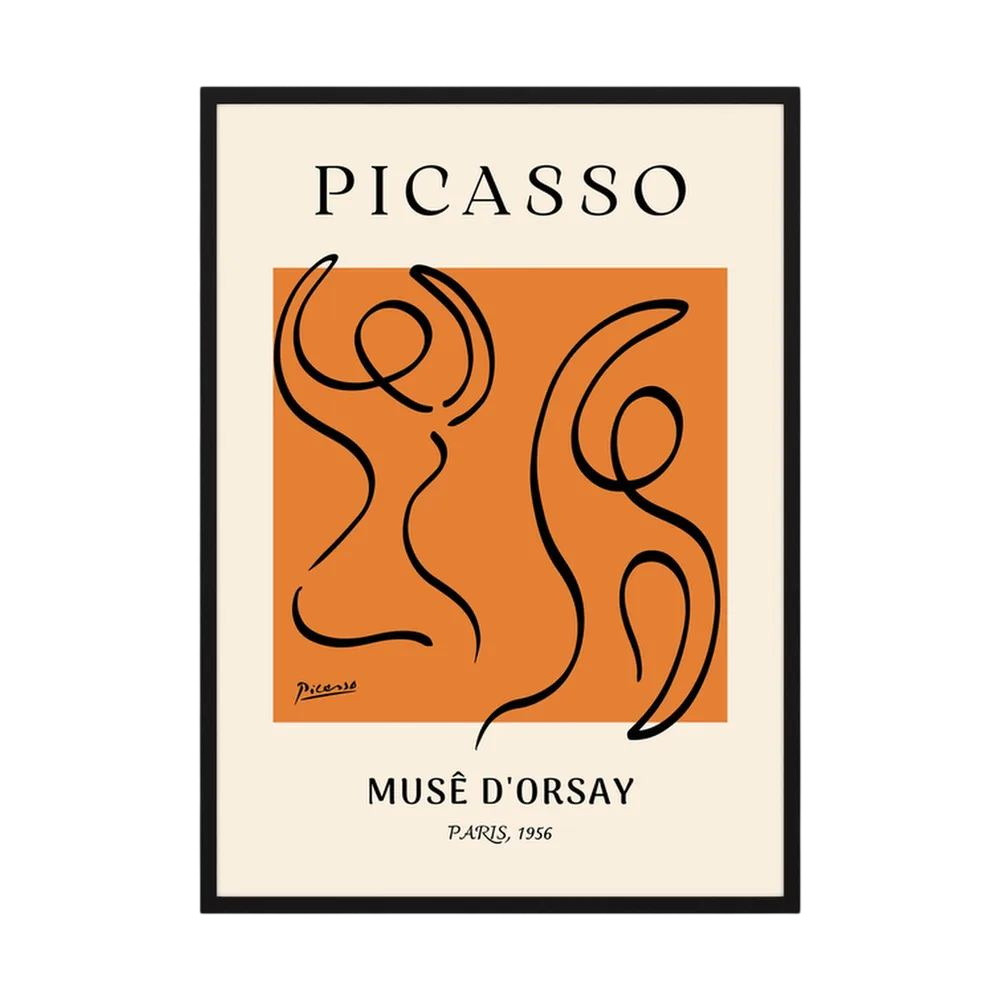 Two fluid black line figures dance across a vivid orange field within a cream museum-style poster, shown in product view 5.