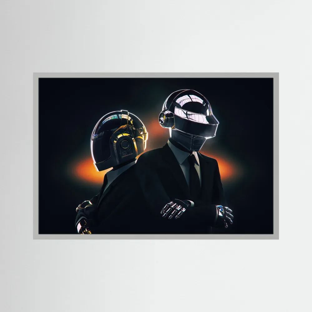 Two helmeted electronic music performers in black suits against a dark background.