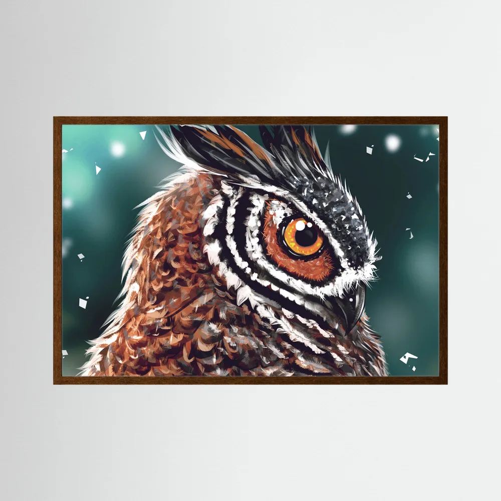 Close-up owl portrait with a bright amber eye and layered brown feathers.