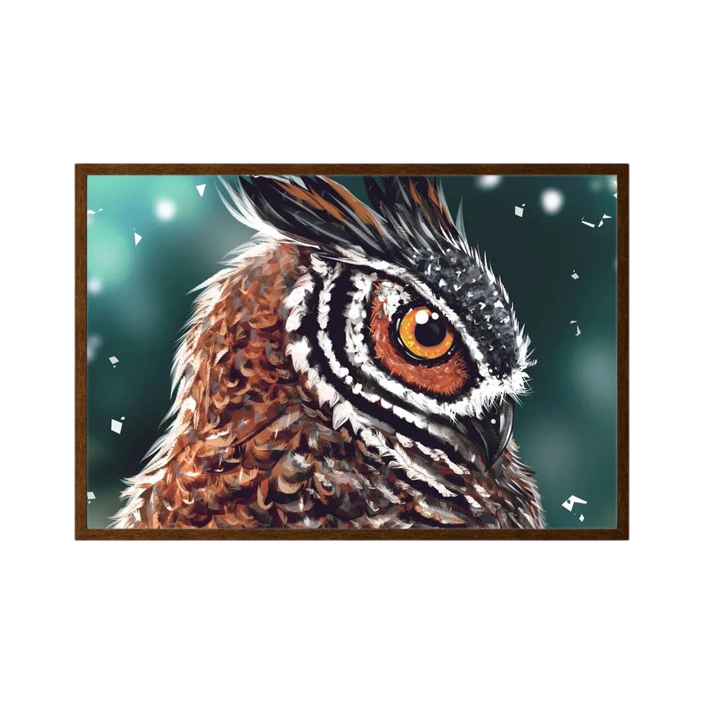 Close-up owl portrait with a bright amber eye and layered brown feathers.