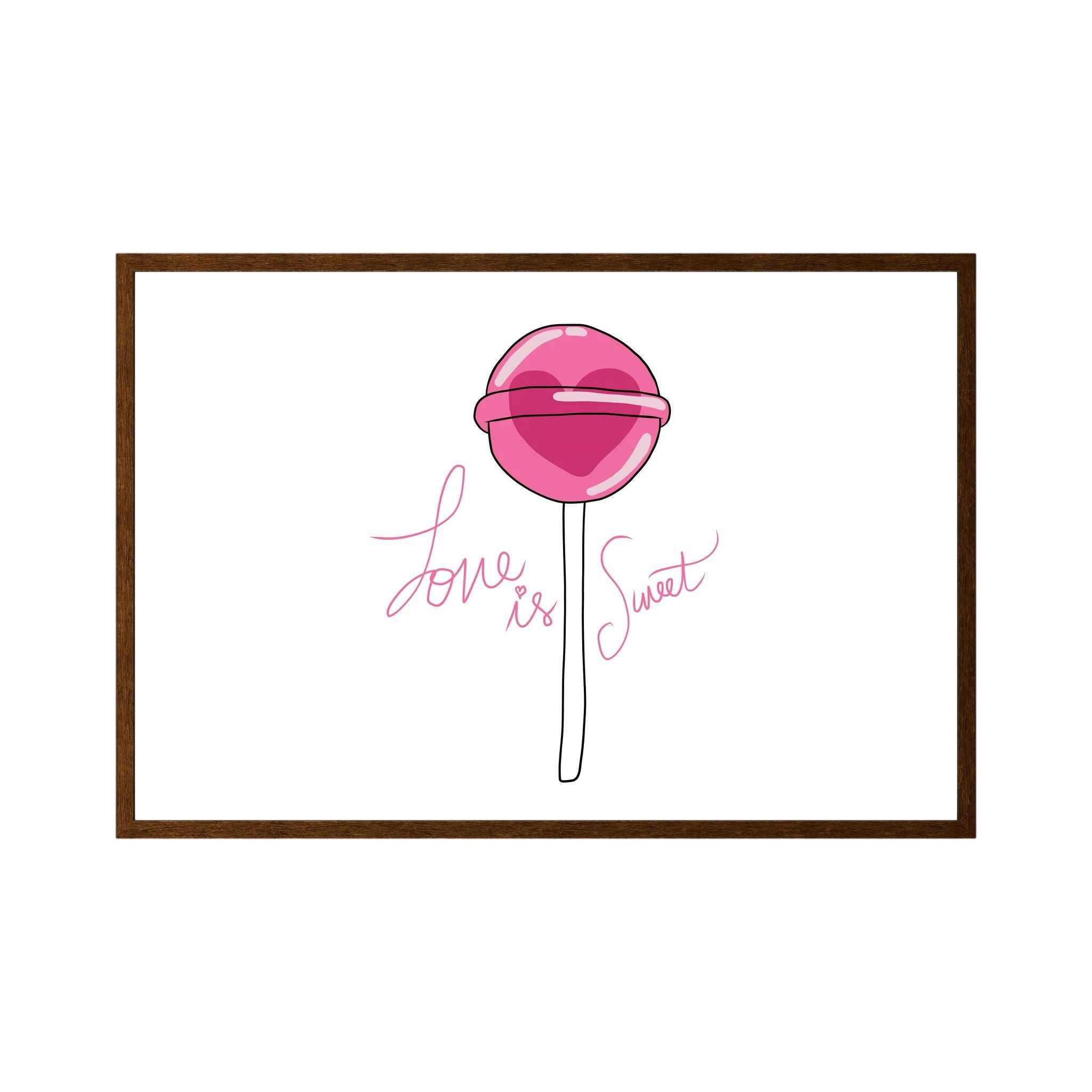 Pink heart-centred lollipop accompanies delicate script reading love is sweet on white.