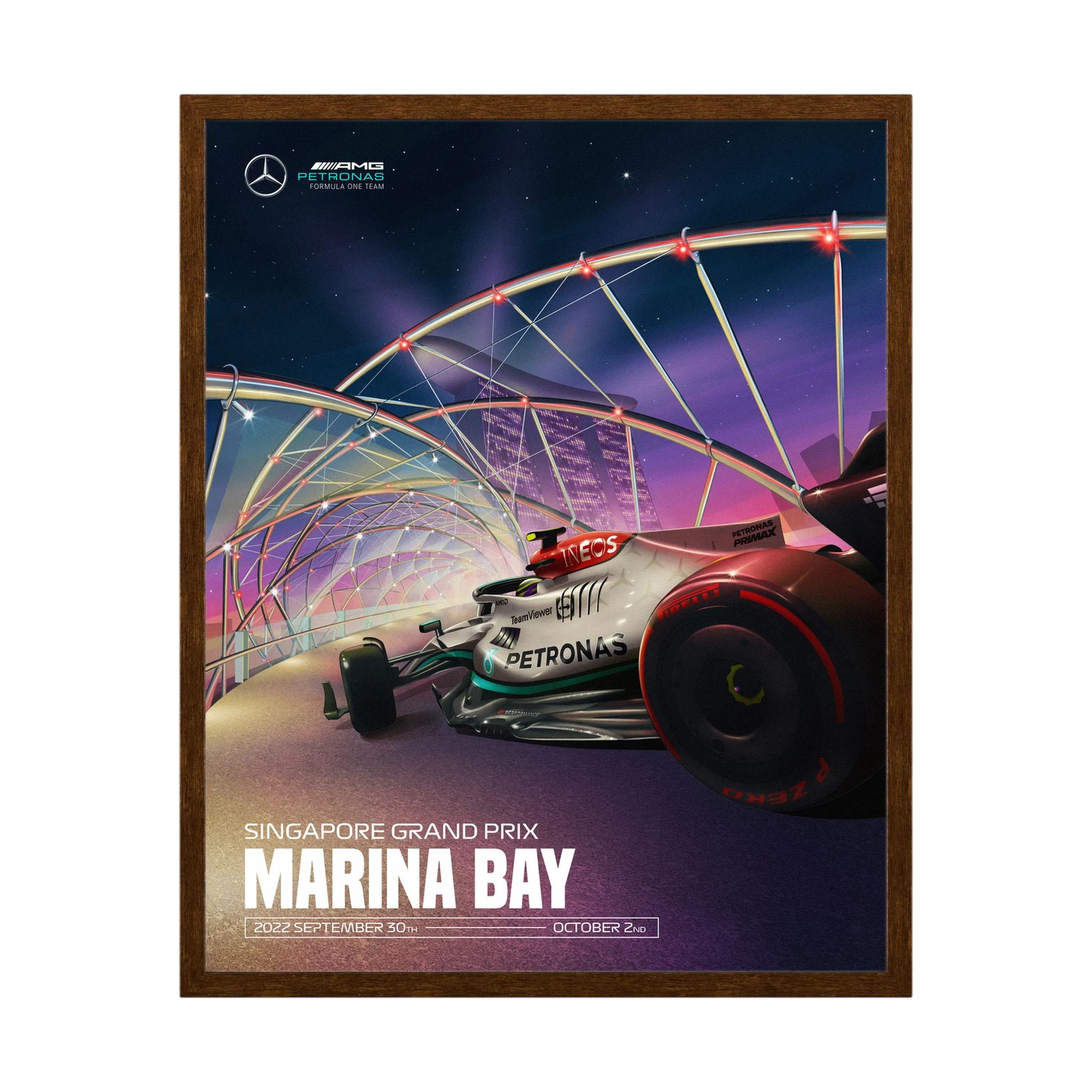 Mercedes Formula One car beneath illuminated Marina Bay architecture at the Singapore Grand Prix, shown in product view 2.