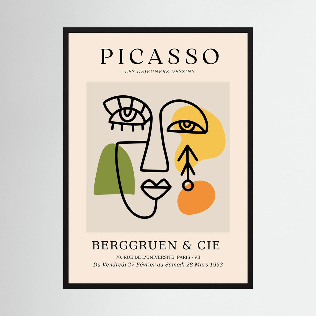 Abstract cubist face drawn in black with green, yellow and orange blocks on a neutral exhibition-style poster, shown in product view 2.