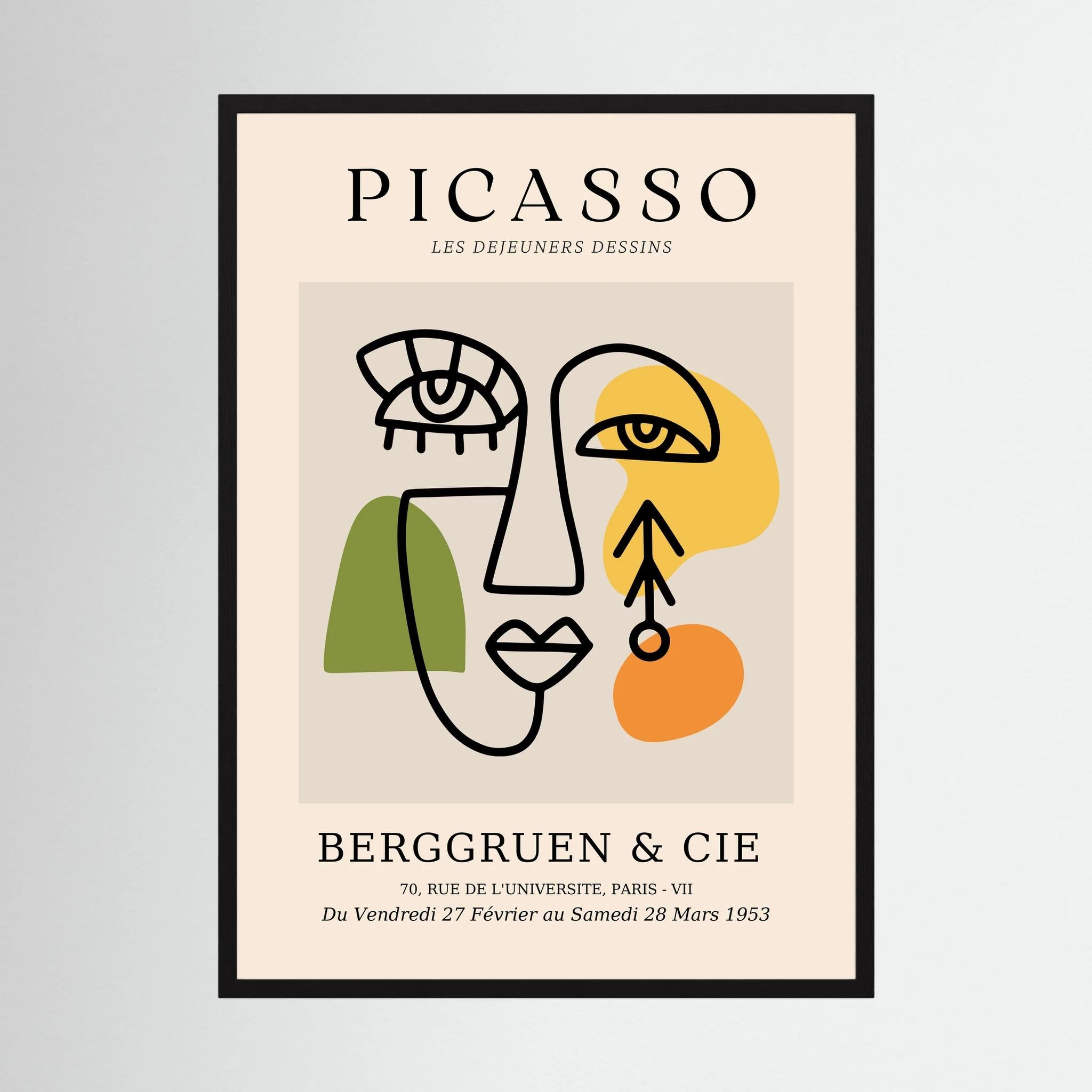 Abstract cubist face drawn in black with green, yellow and orange blocks on a neutral exhibition-style poster, shown in product view 2.