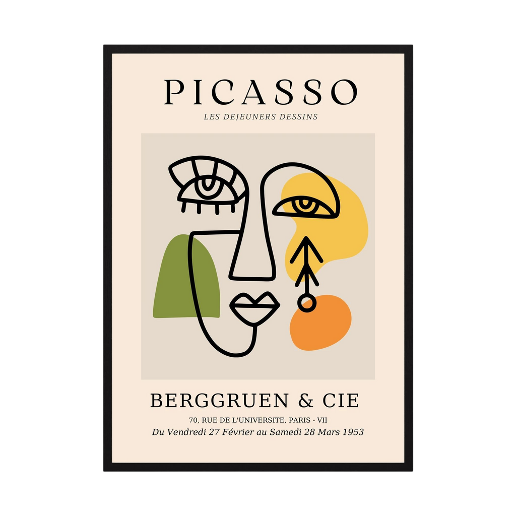 Abstract cubist face drawn in black with green, yellow and orange blocks on a neutral exhibition-style poster, shown in product view 2.