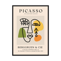 Abstract cubist face drawn in black with green, yellow and orange blocks on a neutral exhibition-style poster, shown in product view 2.