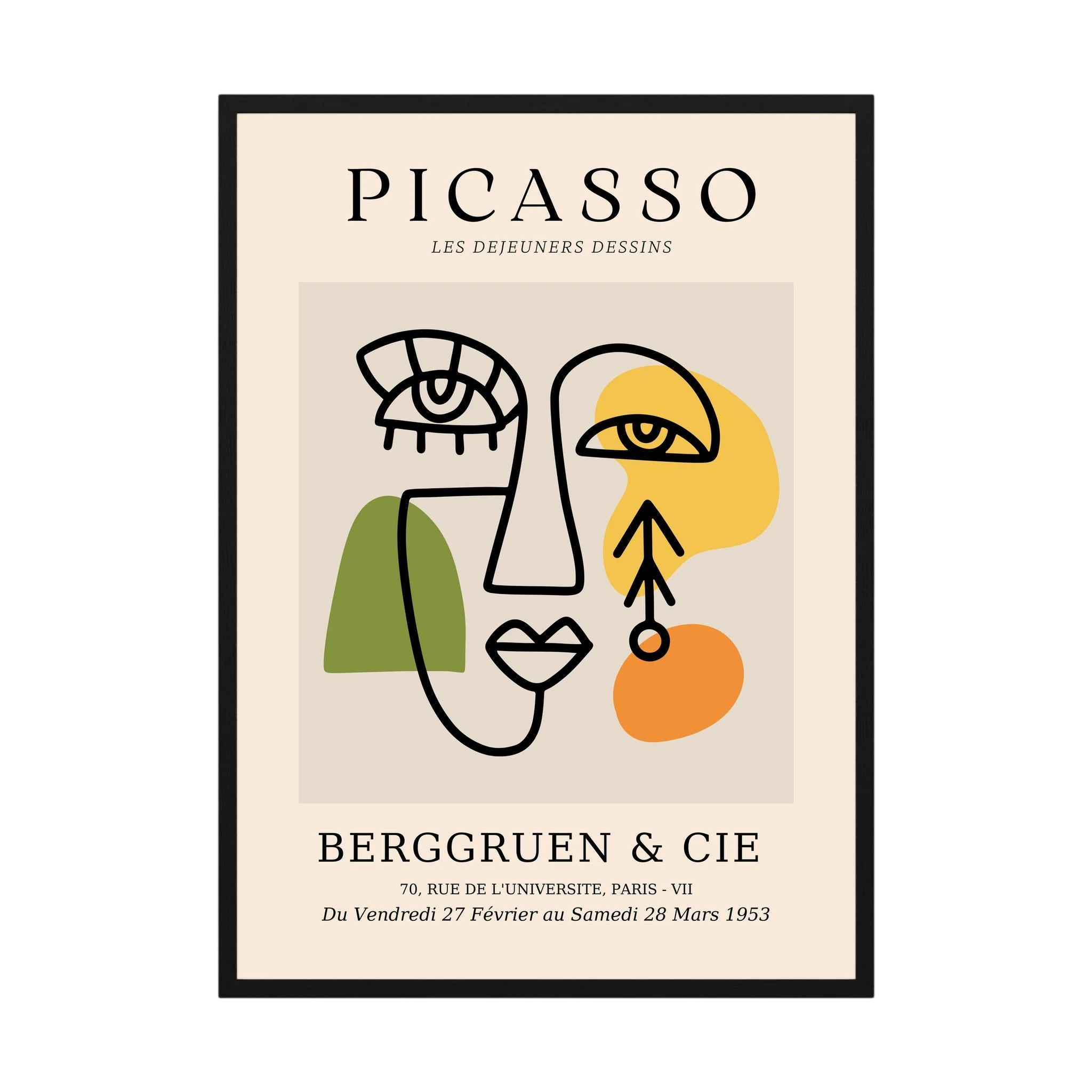 Abstract cubist face drawn in black with green, yellow and orange blocks on a neutral exhibition-style poster, shown in product view 2.