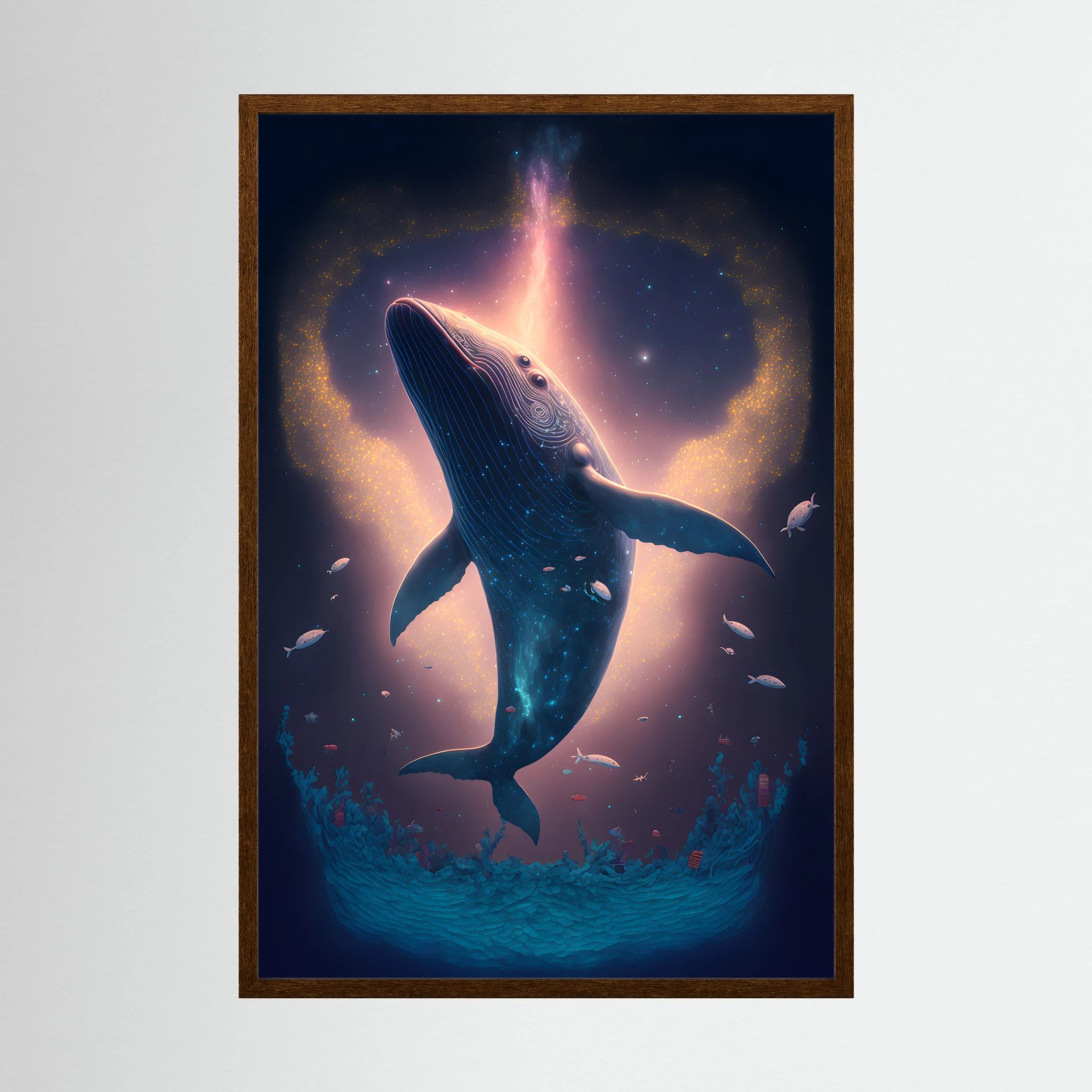 Blue whale rising through a glowing underwater scene with small fish.