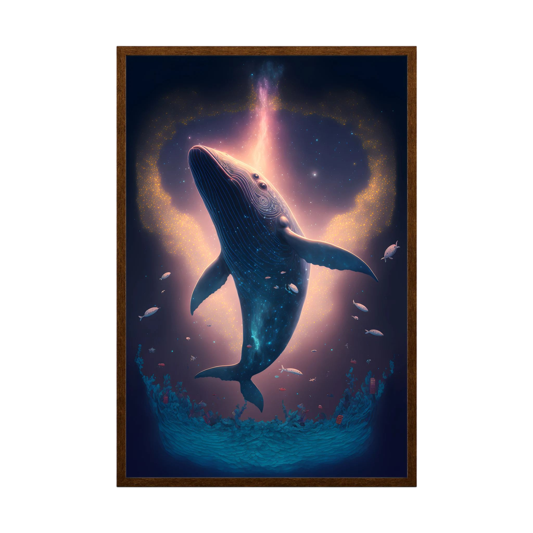 Blue whale rising through a glowing underwater scene with small fish.