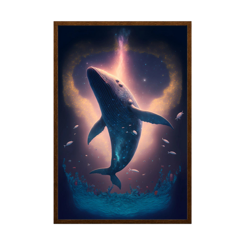 Blue whale rising through a glowing underwater scene with small fish.
