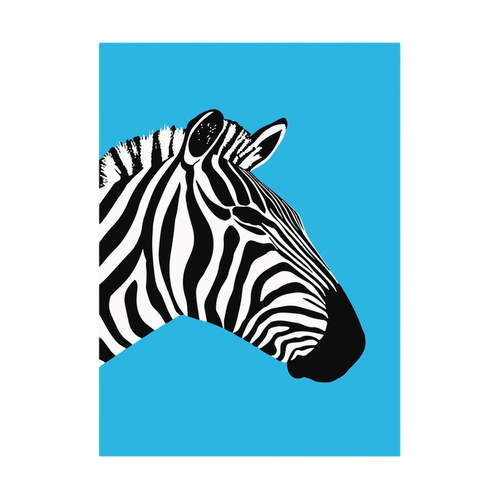 Black-and-white zebra profile on bright blue background.