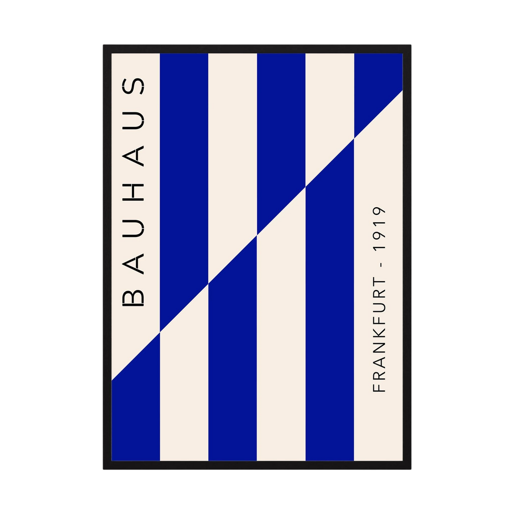 Blue and cream Bauhaus poster with diagonal striped geometric design.