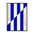 Blue and cream Bauhaus poster with diagonal striped geometric design.