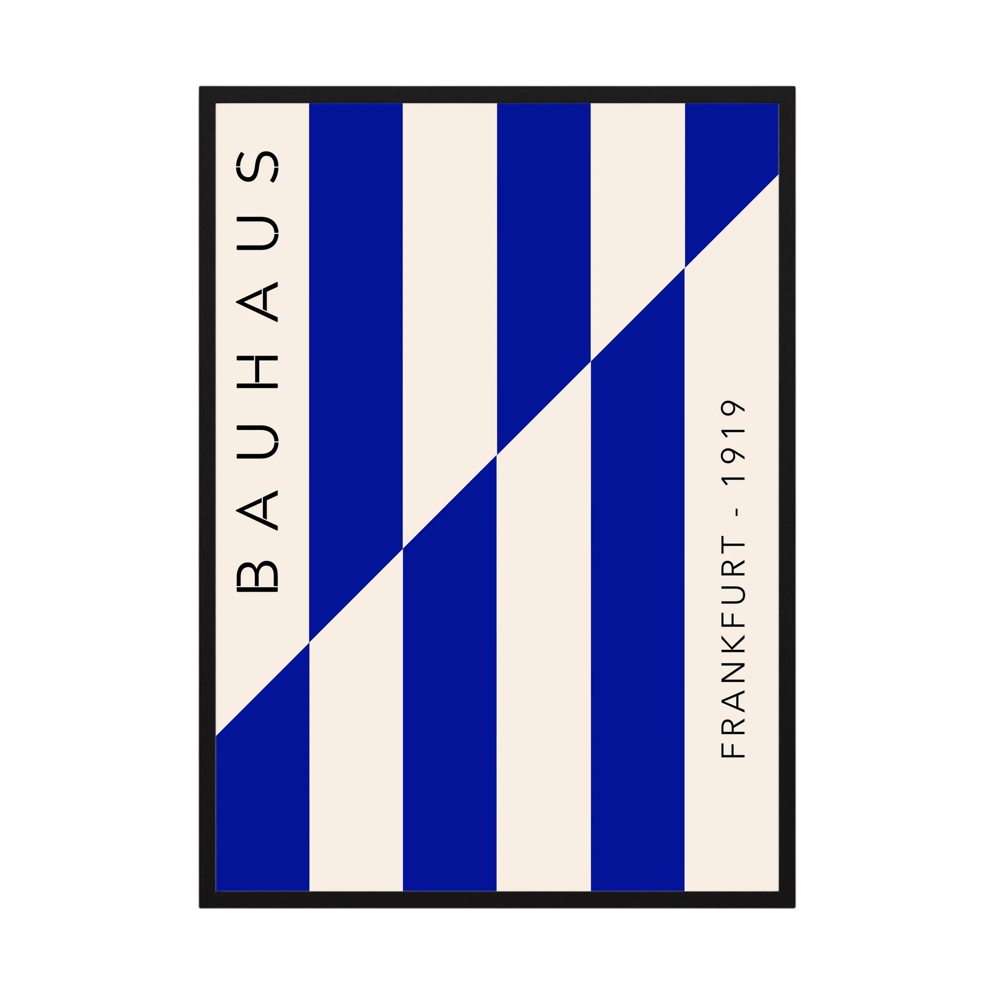 Blue and cream Bauhaus poster with diagonal striped geometric design.