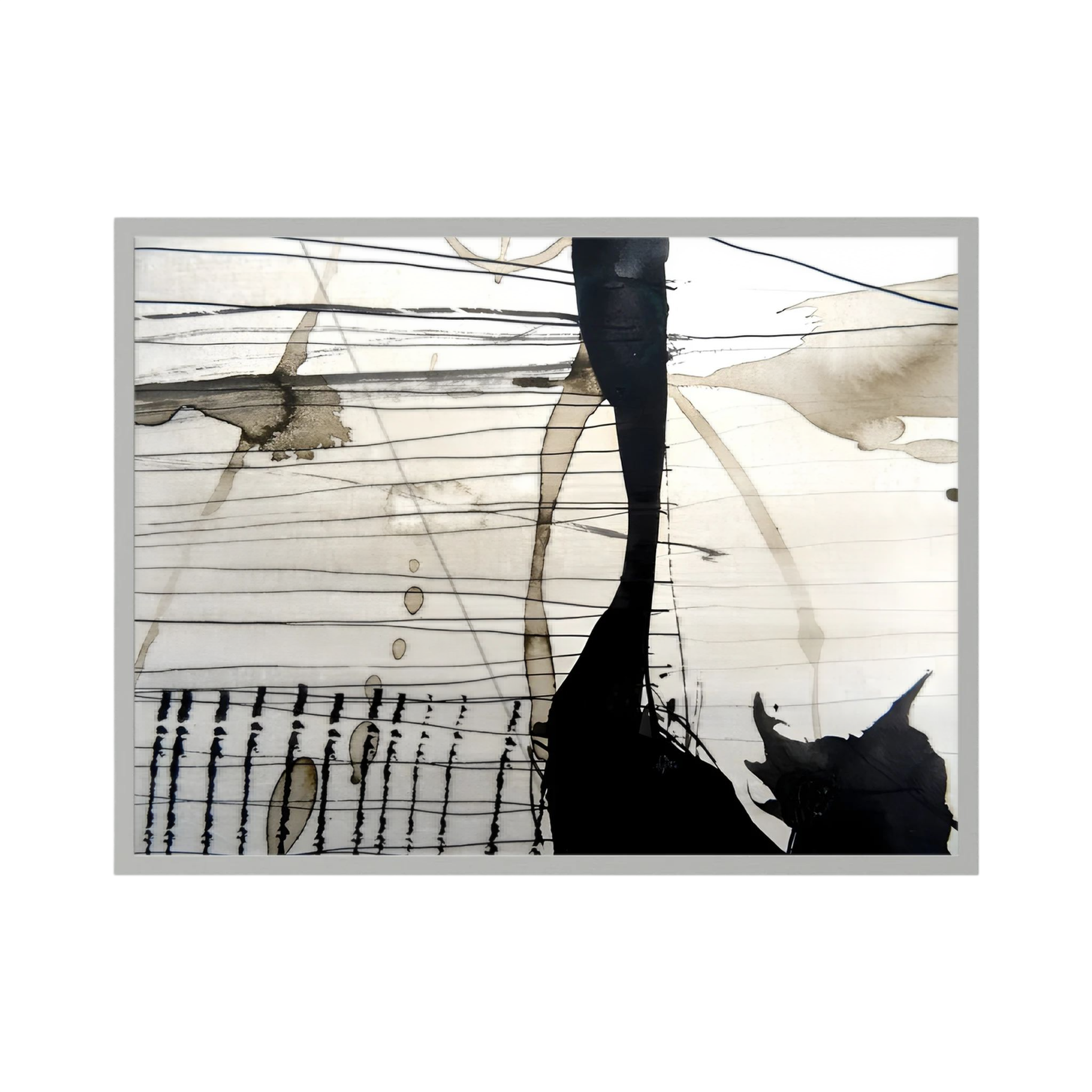 Black linear marks and translucent taupe washes create a wide abstract landscape, shown in product view 2.