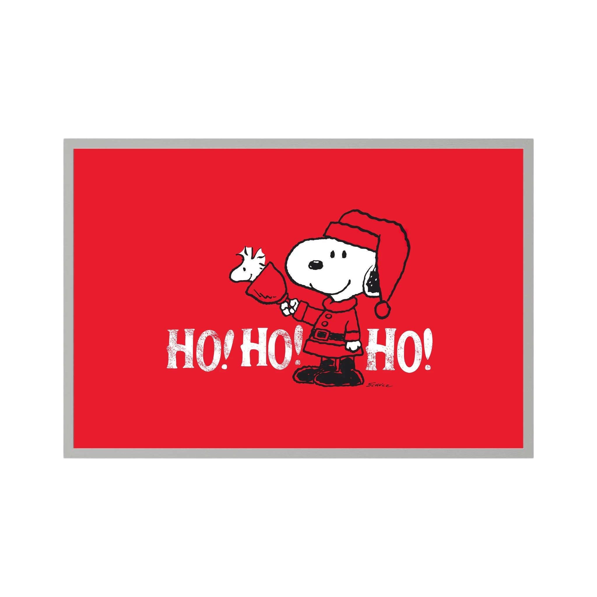 Cartoon beagle in a Santa outfit holds a small bird above distressed white ho ho ho lettering on red, shown in product view 2.