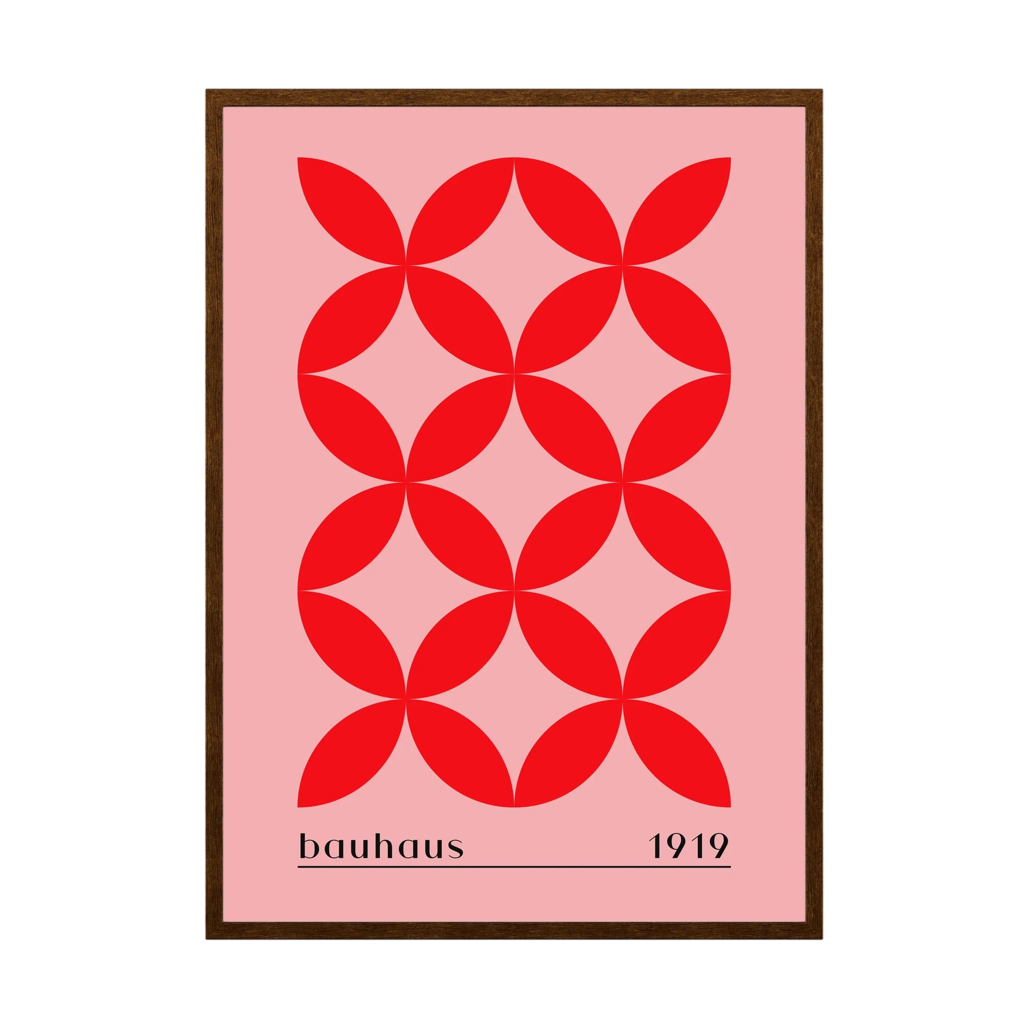 Red petal-shaped Bauhaus pattern on a soft pink background.
