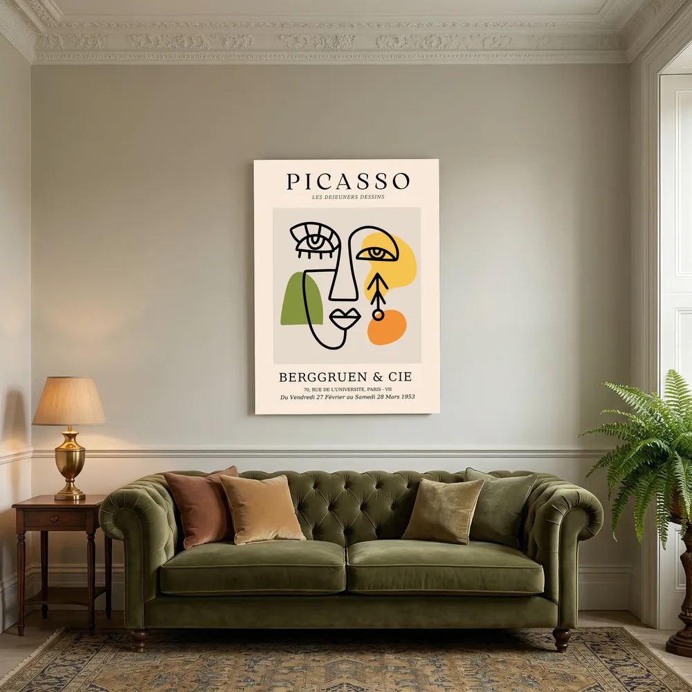 Abstract cubist face drawn in black with green, yellow and orange blocks on a neutral exhibition-style poster, shown in product view 5.