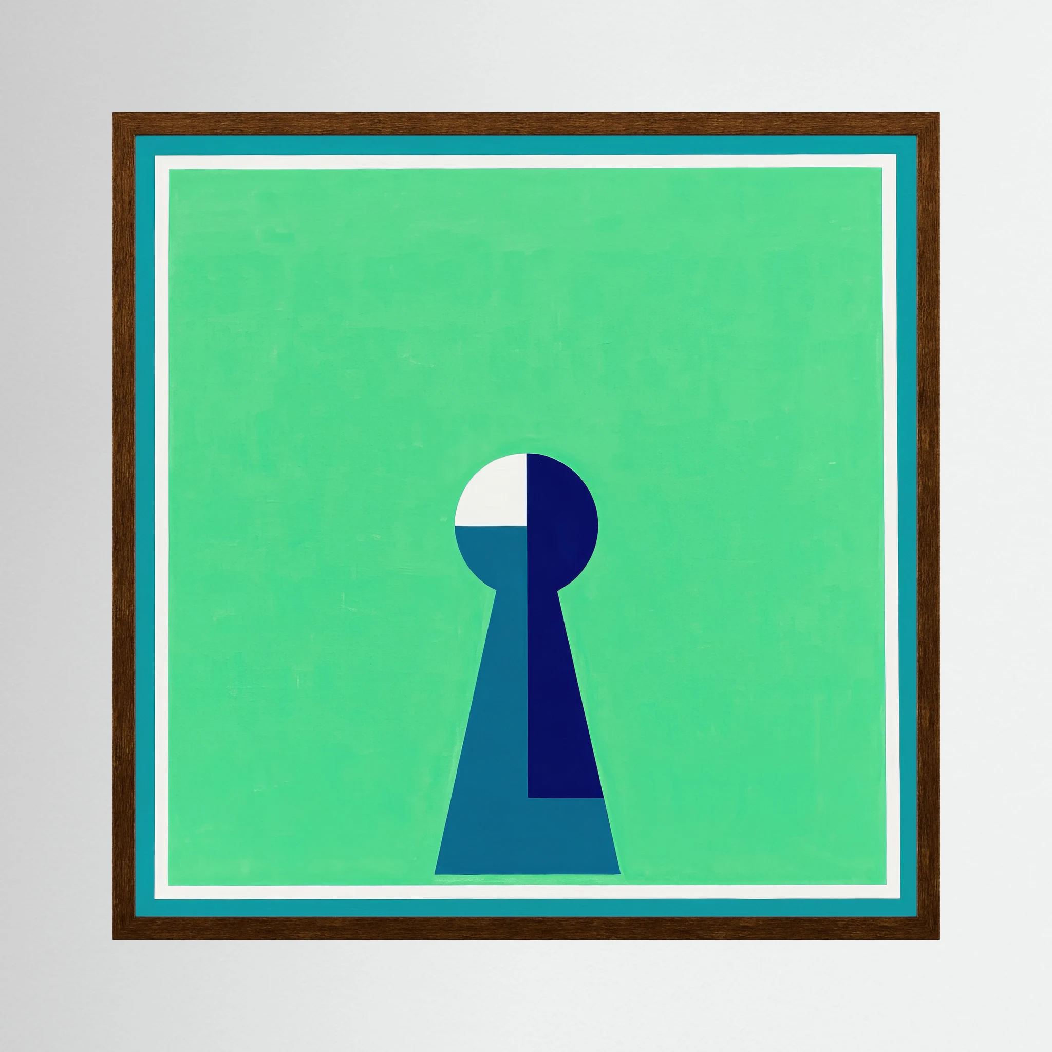 Minimal keyhole form in deep blue and white centred on a luminous green field, shown in product view 2.