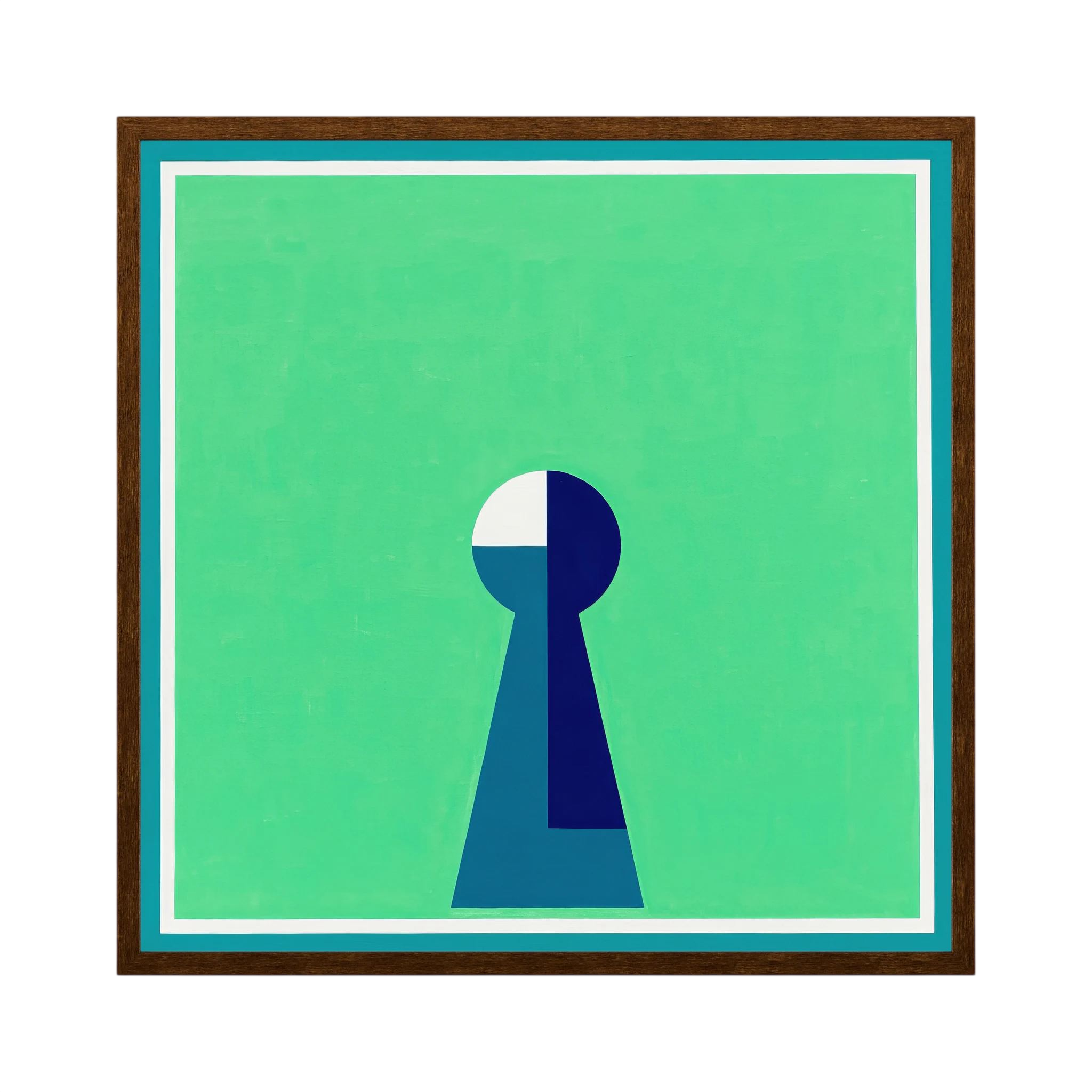Minimal keyhole form in deep blue and white centred on a luminous green field, shown in product view 2.
