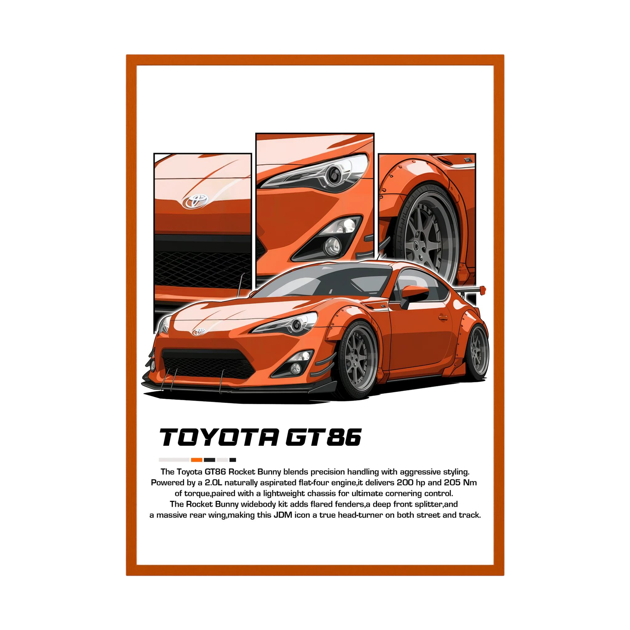 Orange Toyota GT86 illustration with close-up headlight, wheel and bodywork panels.