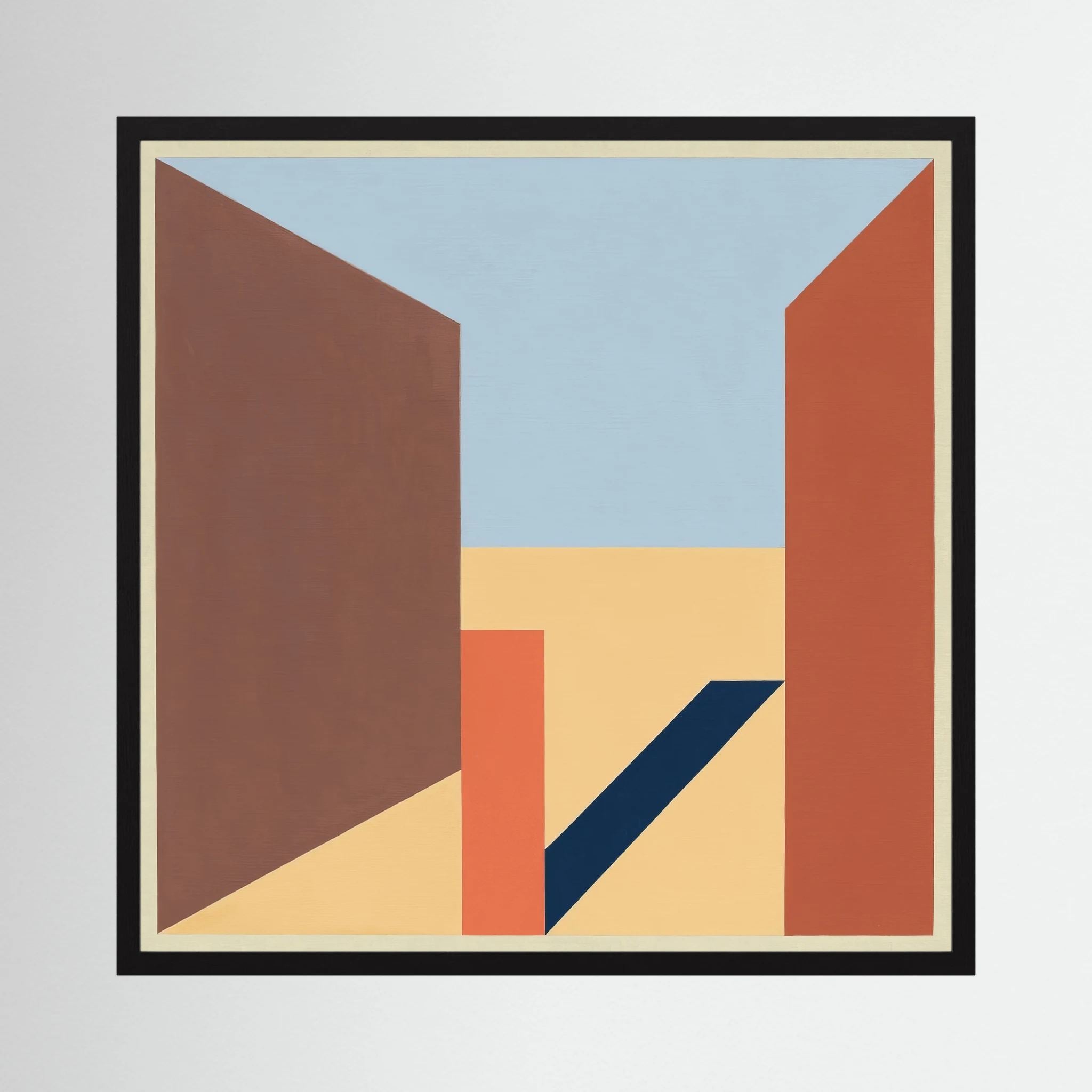 Terracotta and brown architectural planes opening towards a pale blue sky in a geometric composition, shown in product view 4.