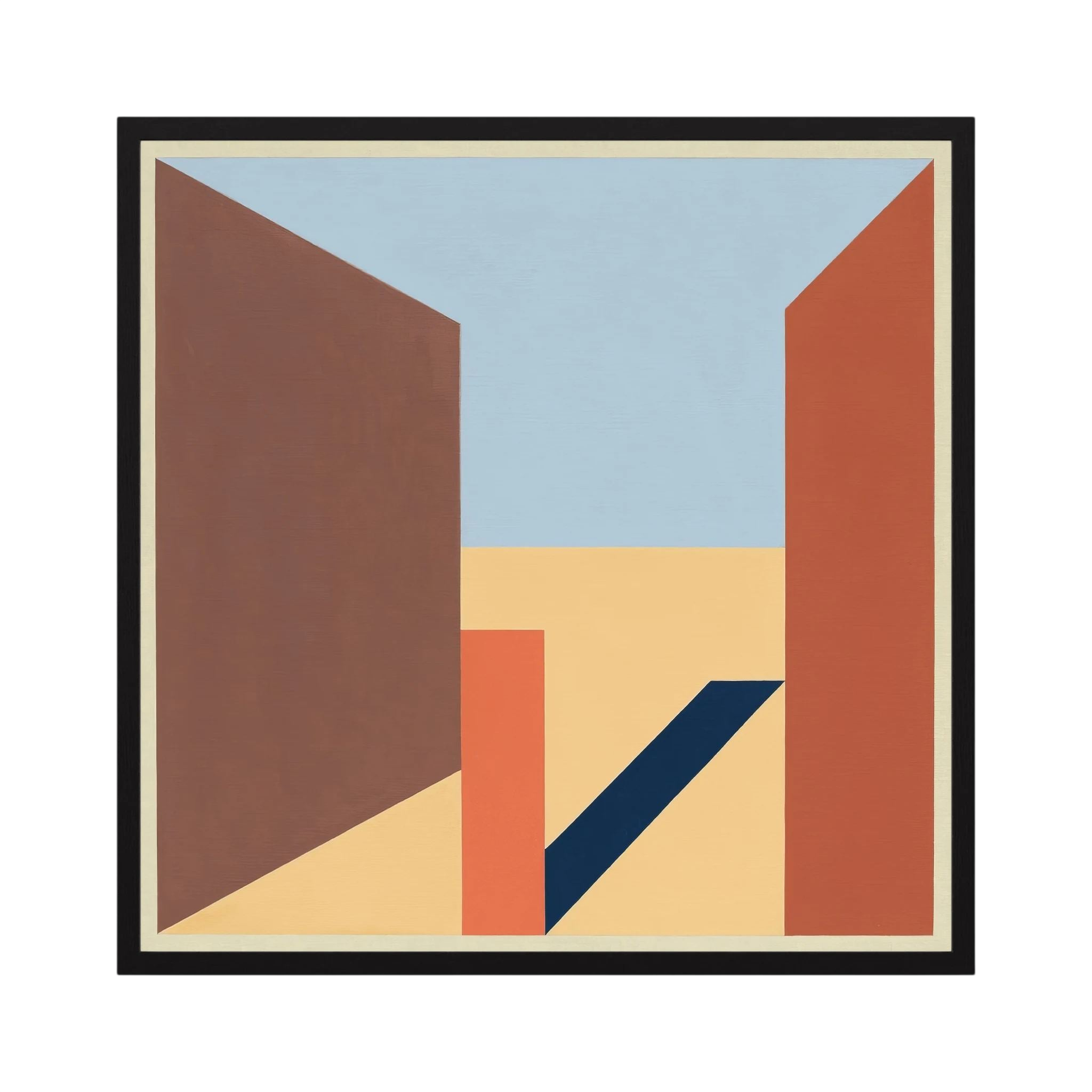 Terracotta and brown architectural planes opening towards a pale blue sky in a geometric composition, shown in product view 4.