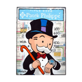 Top-hatted board-game tycoon with watch over certificate collage.