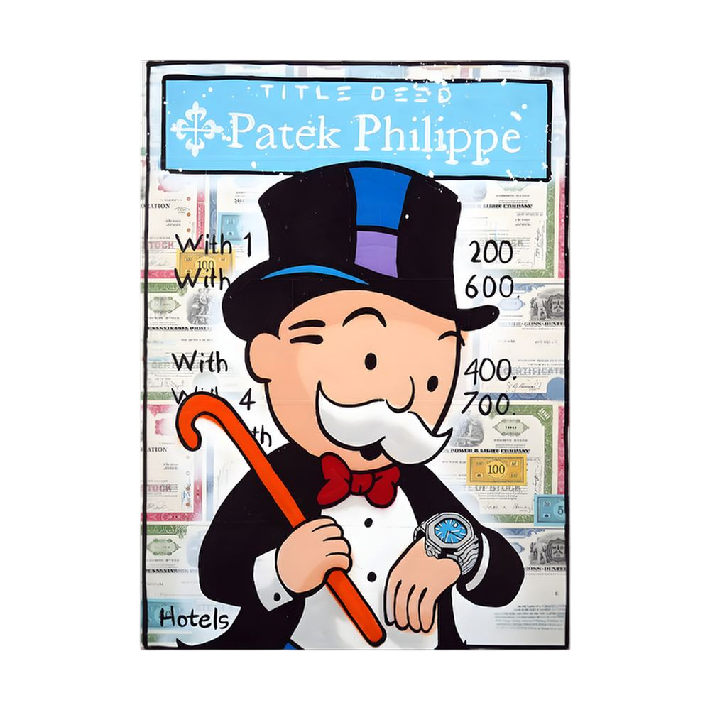 Top-hatted board-game tycoon with watch over certificate collage.