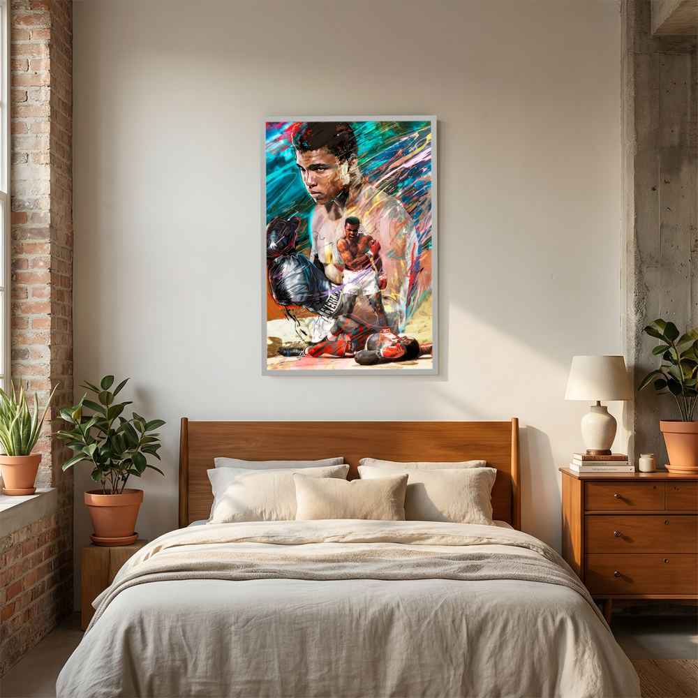 Alternative size view of colourful boxing portrait with layered ringside action, shown in a white wooden frame.