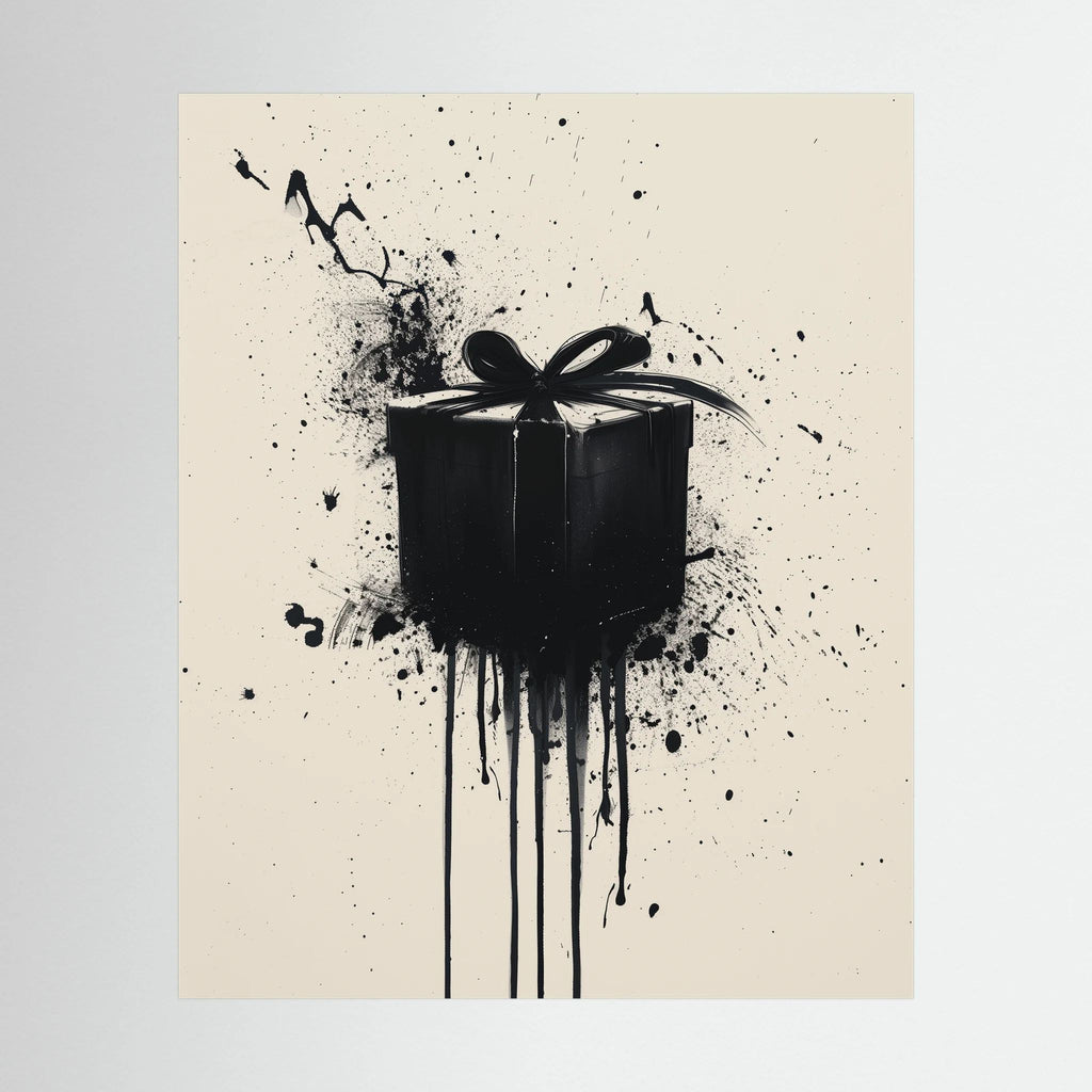 Black gift box with ribbon surrounded by expressive paint splashes on a cream background.