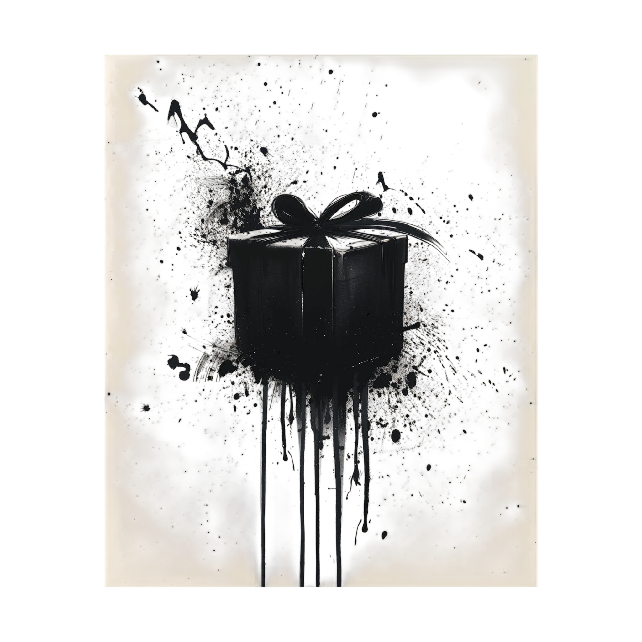 Black gift box with ribbon surrounded by expressive paint splashes on a cream background.