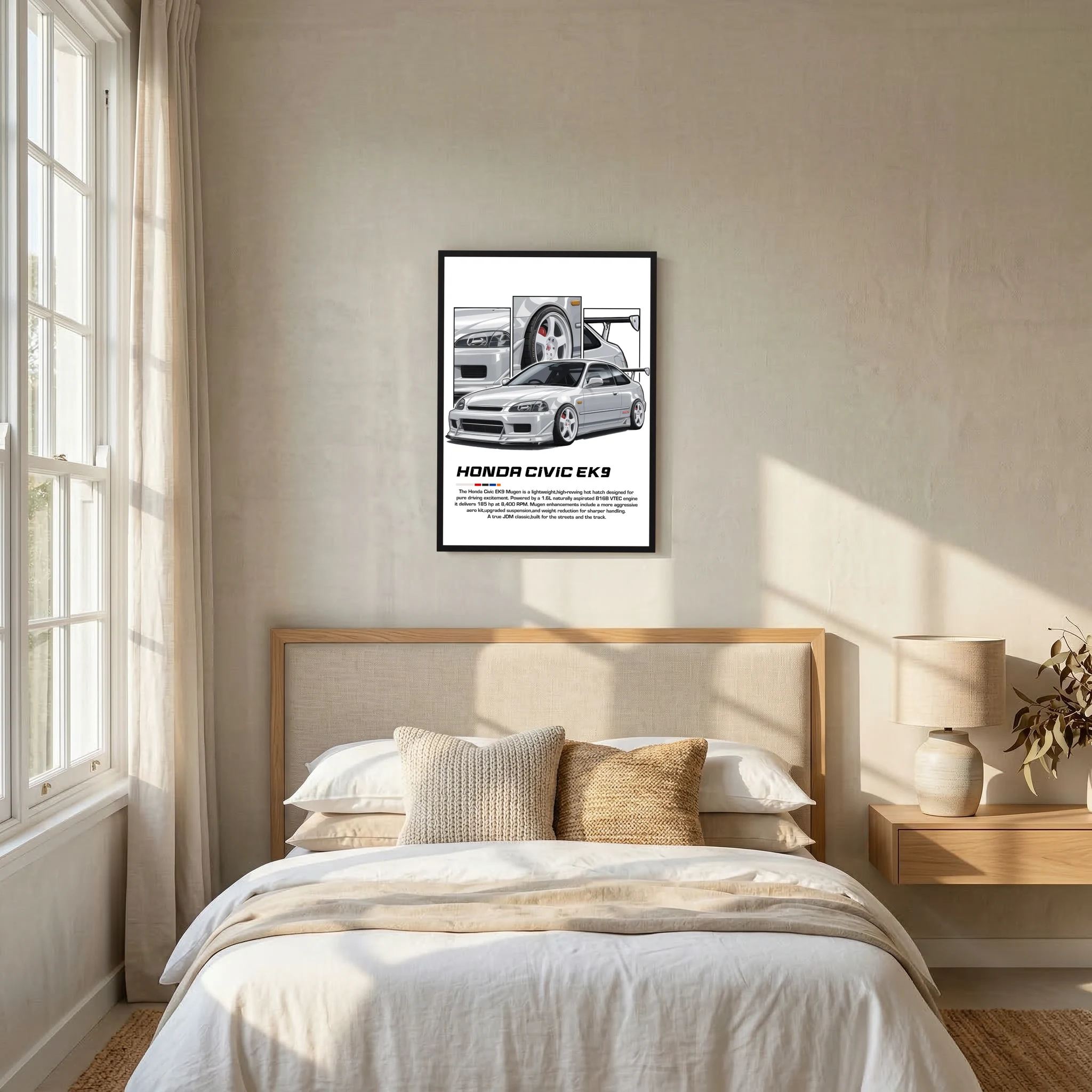 Silver Honda Civic EK9 illustration with white wheels, rear wing and close-up panels.