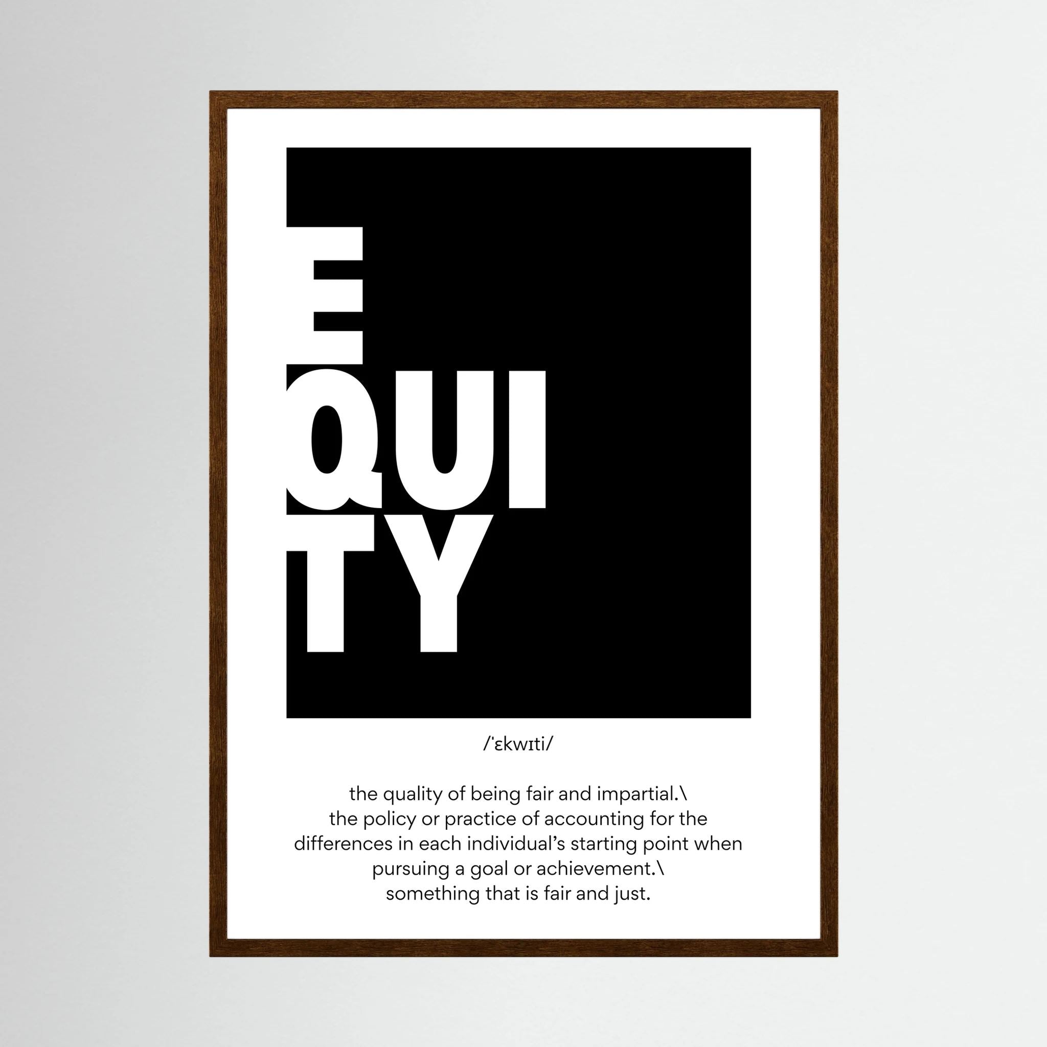 Black and white typographic definition print spelling equity in a bold modern layout, shown in product view 4.