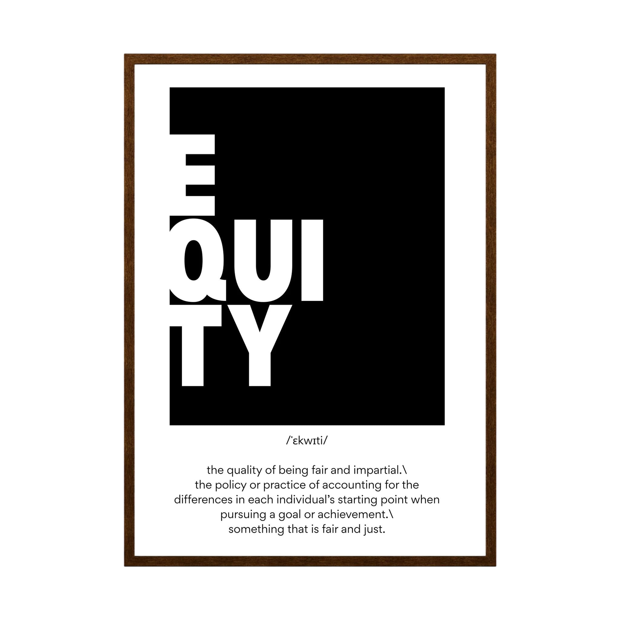 Black and white typographic definition print spelling equity in a bold modern layout, shown in product view 4.