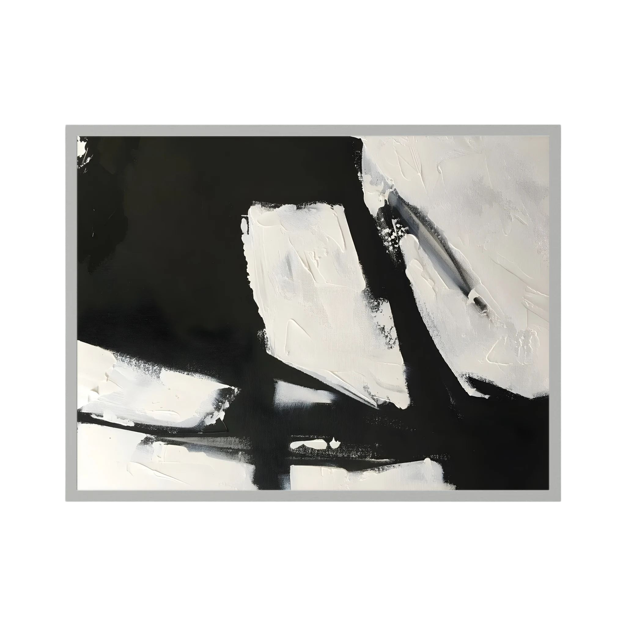 Heavy black strokes and textured white paint intersect across a wide monochrome abstract composition.
