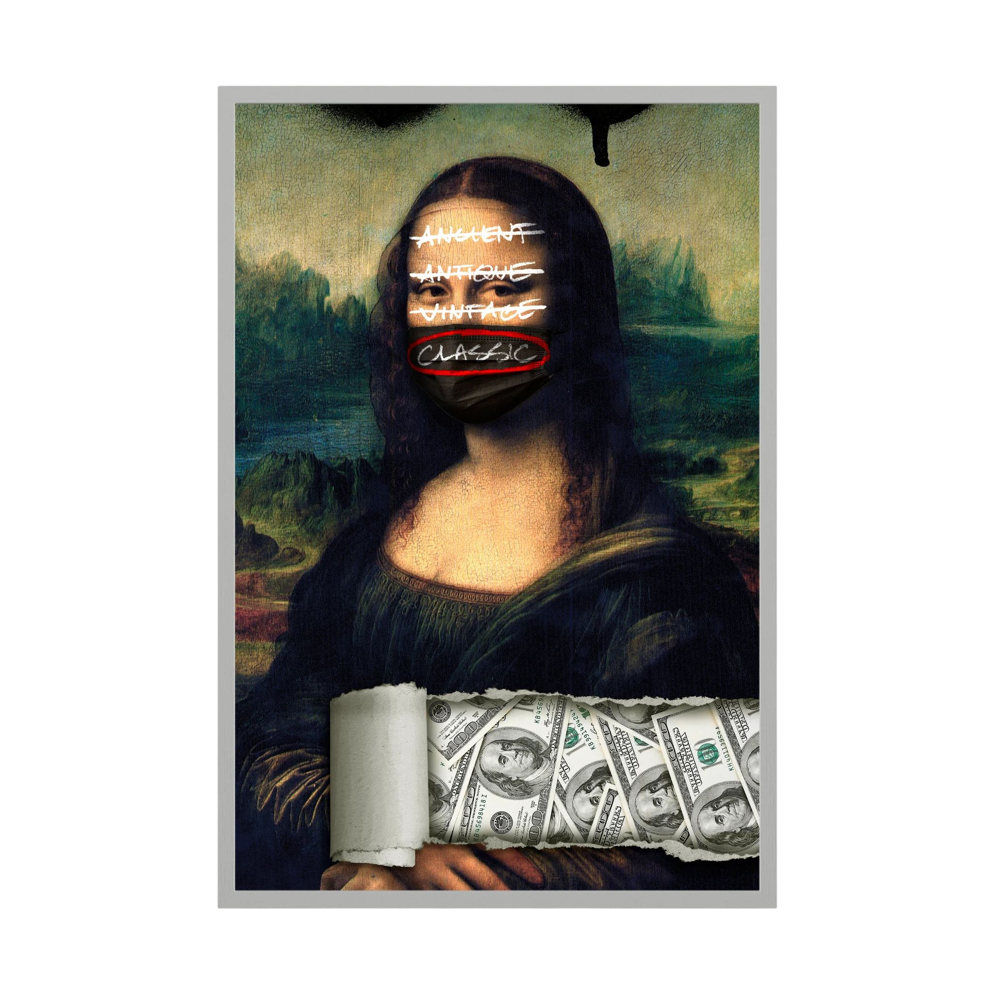 Mona Lisa wears a black mask marked classic above a torn collage of banknotes and crossed-out labels, shown in product view 2.