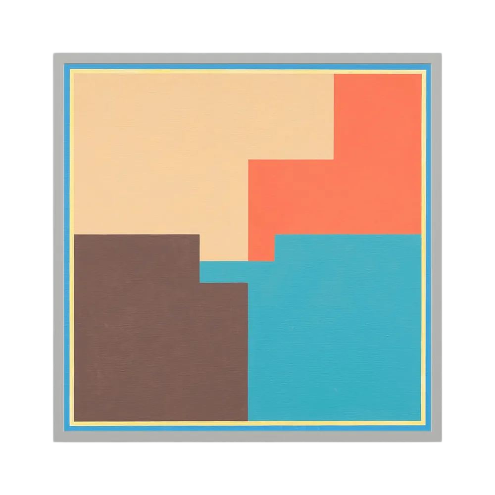 Coral, turquoise, brown and cream blocks overlap within a crisp geometric border.