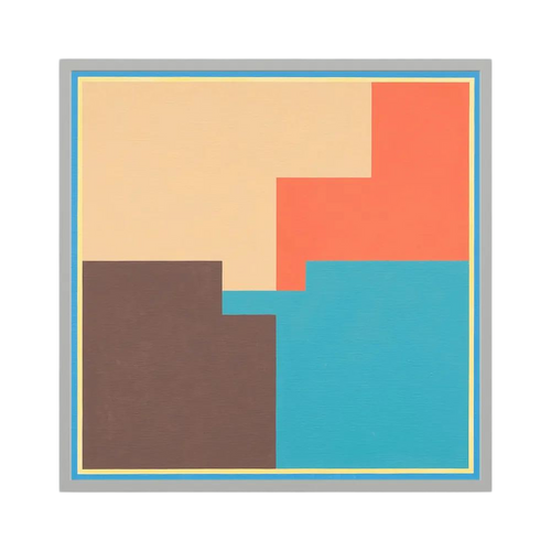 Coral, turquoise, brown and cream blocks overlap within a crisp geometric border.