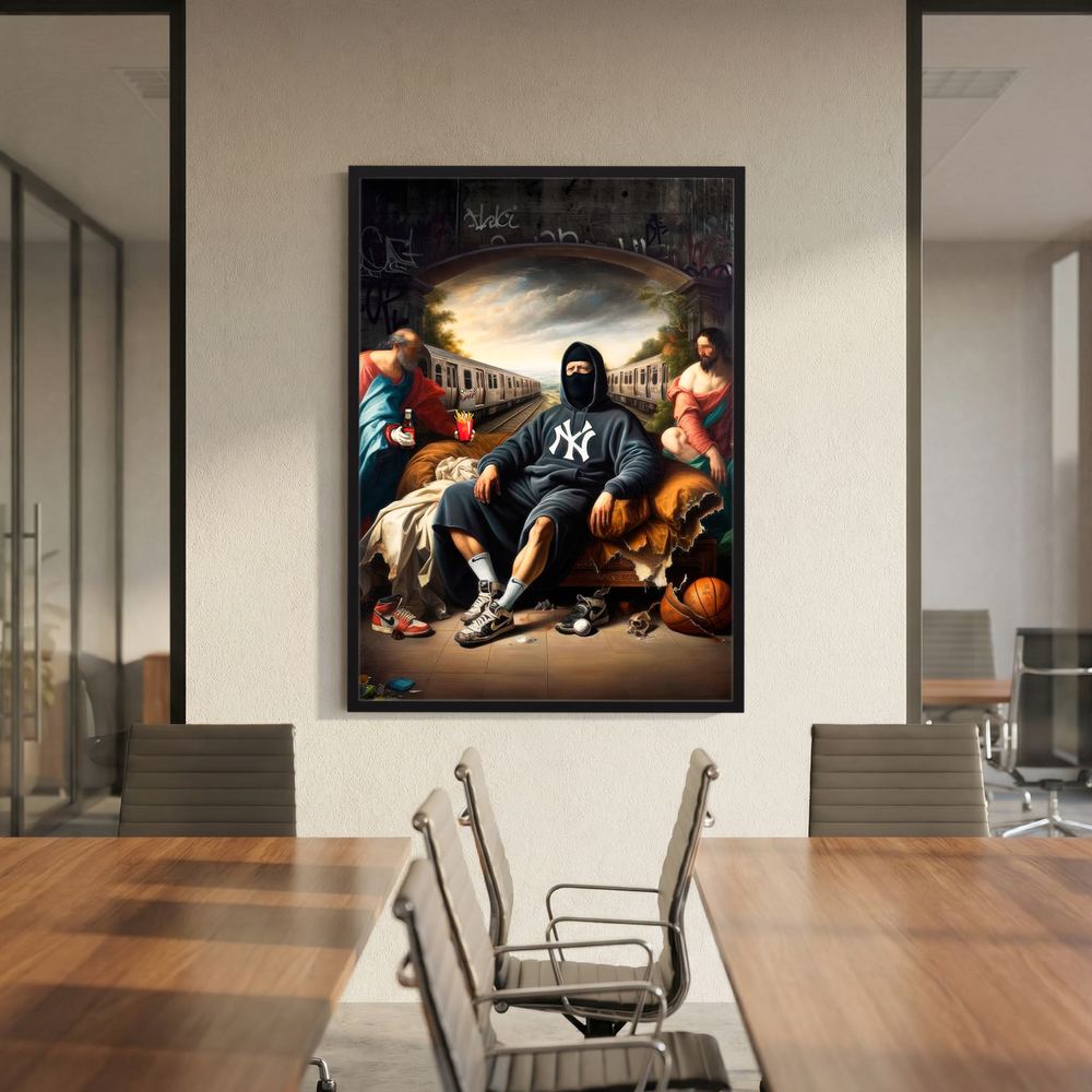 Alternative size view of Renaissance-inspired street art group portrait, shown in a teal wooden frame.