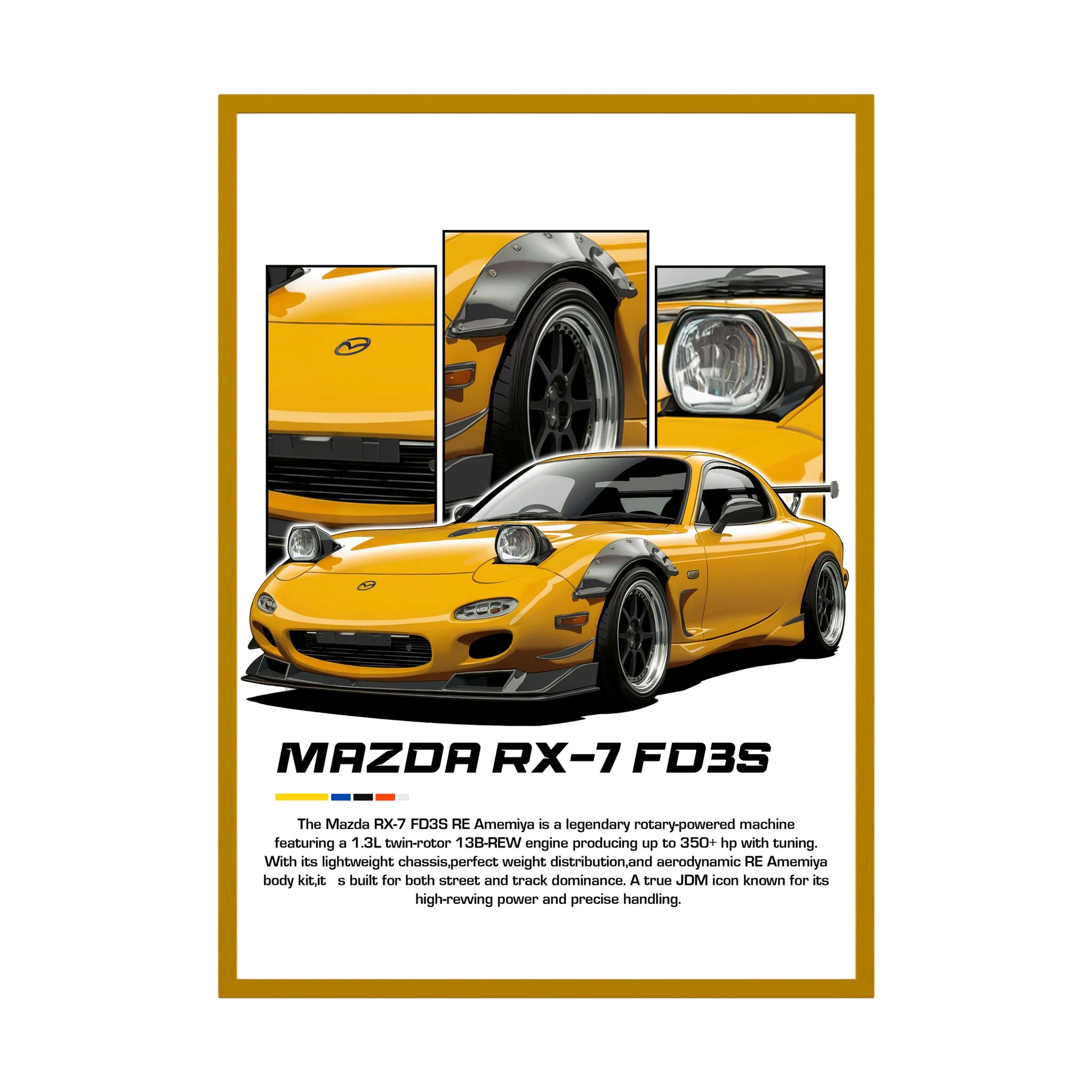 Yellow Mazda RX-7 FD3S illustration with pop-up headlights and close-up panels.