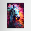 Colourful white horse portrait with blue, pink and orange painterly light.