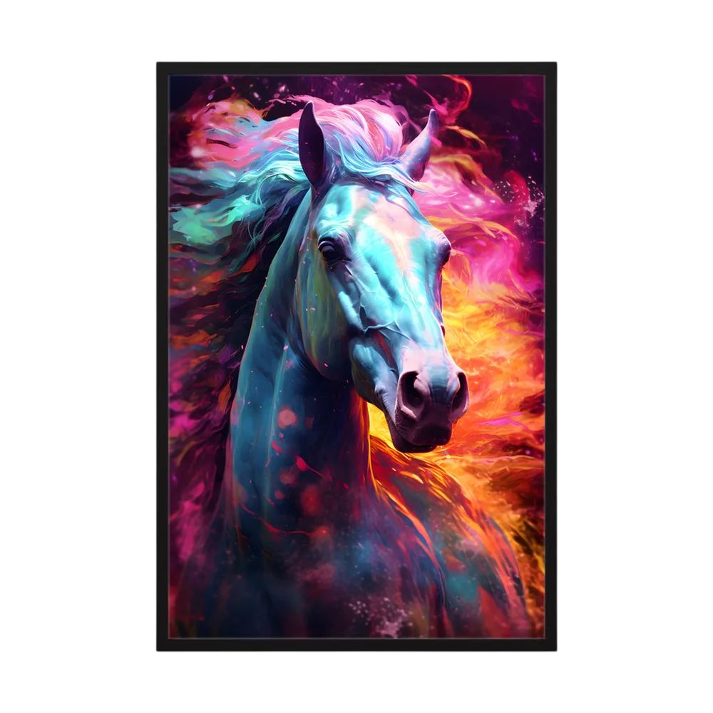 Colourful white horse portrait with blue, pink and orange painterly light.