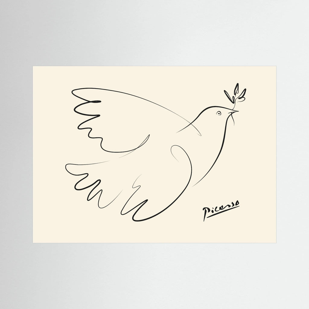 Minimal black line drawing of a flying dove carrying an olive branch on a warm cream background, shown in product view 4.