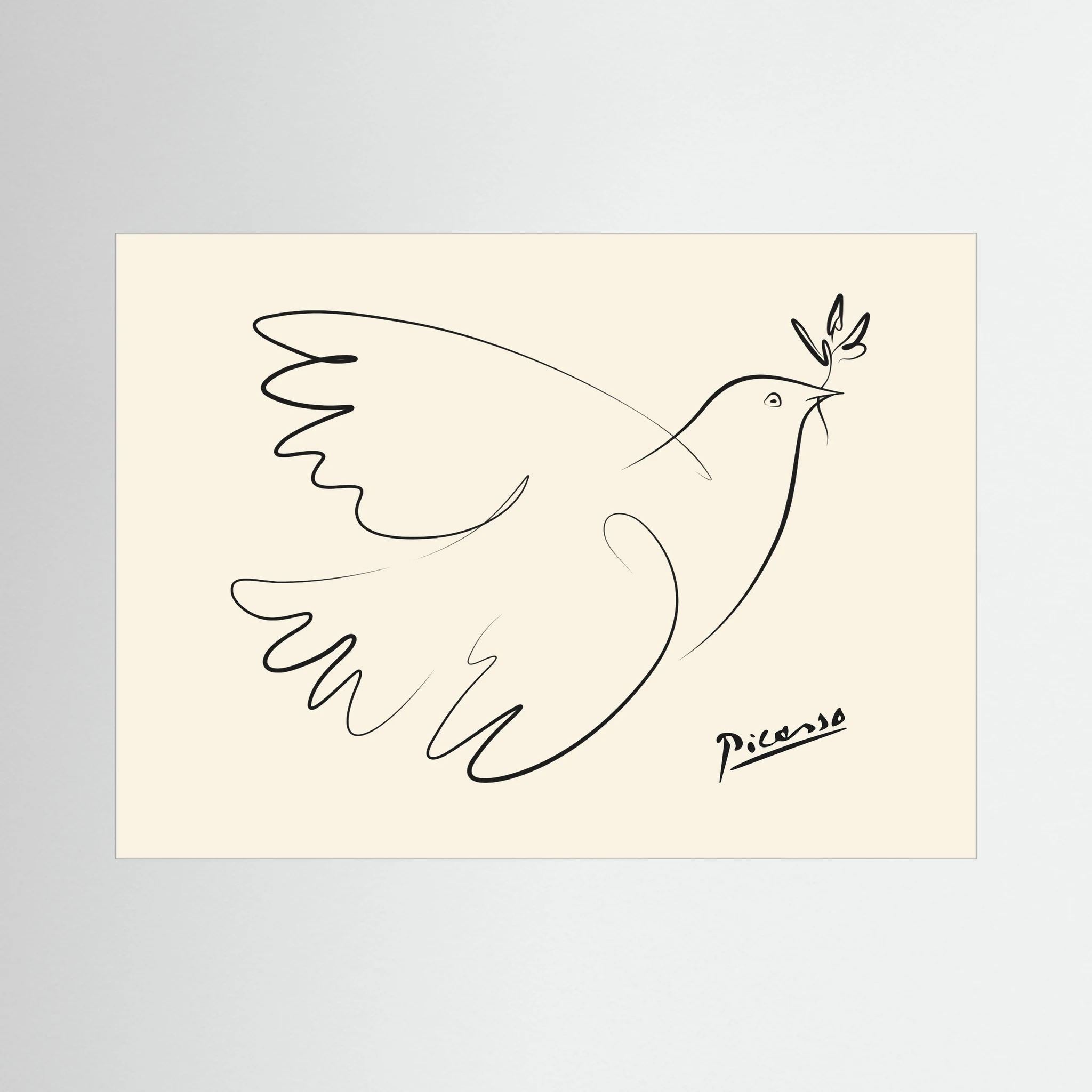Minimal black line drawing of a flying dove carrying an olive branch on a warm cream background, shown in product view 4.