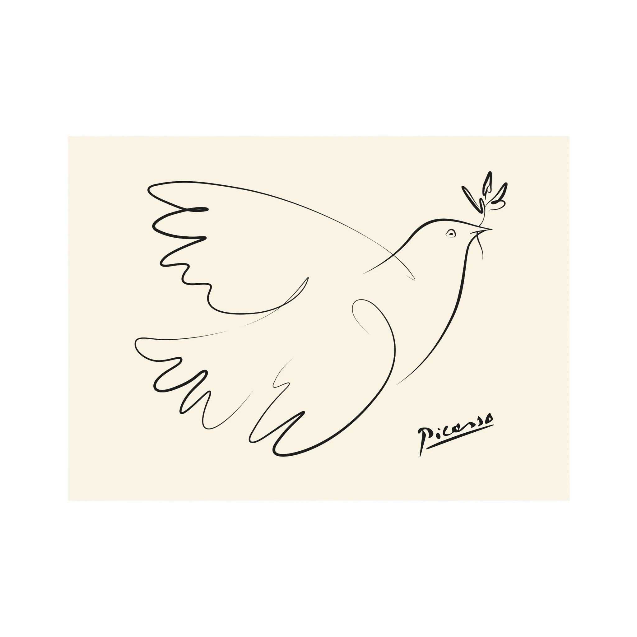 Minimal black line drawing of a flying dove carrying an olive branch on a warm cream background, shown in product view 4.