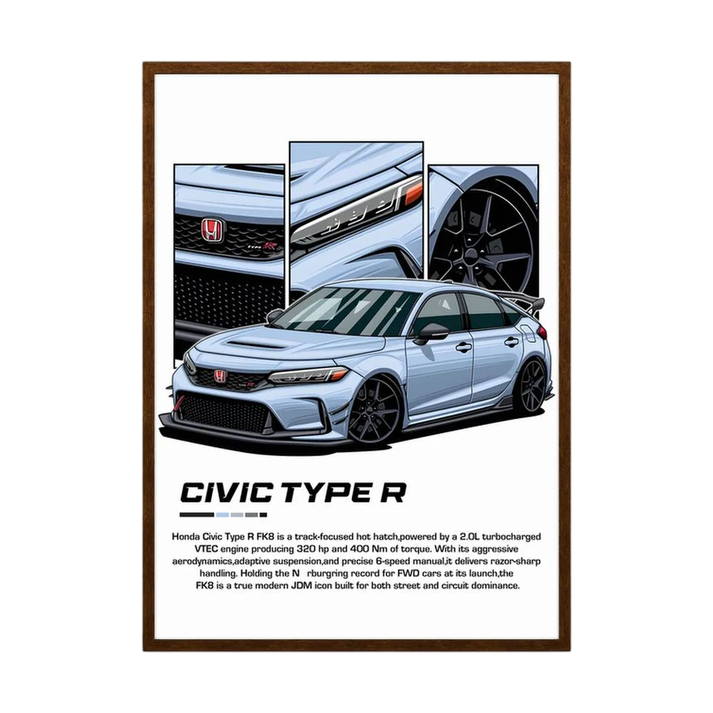 Blue Honda Civic Type R illustration with close-up panels of the grille, bodywork and wheel.
