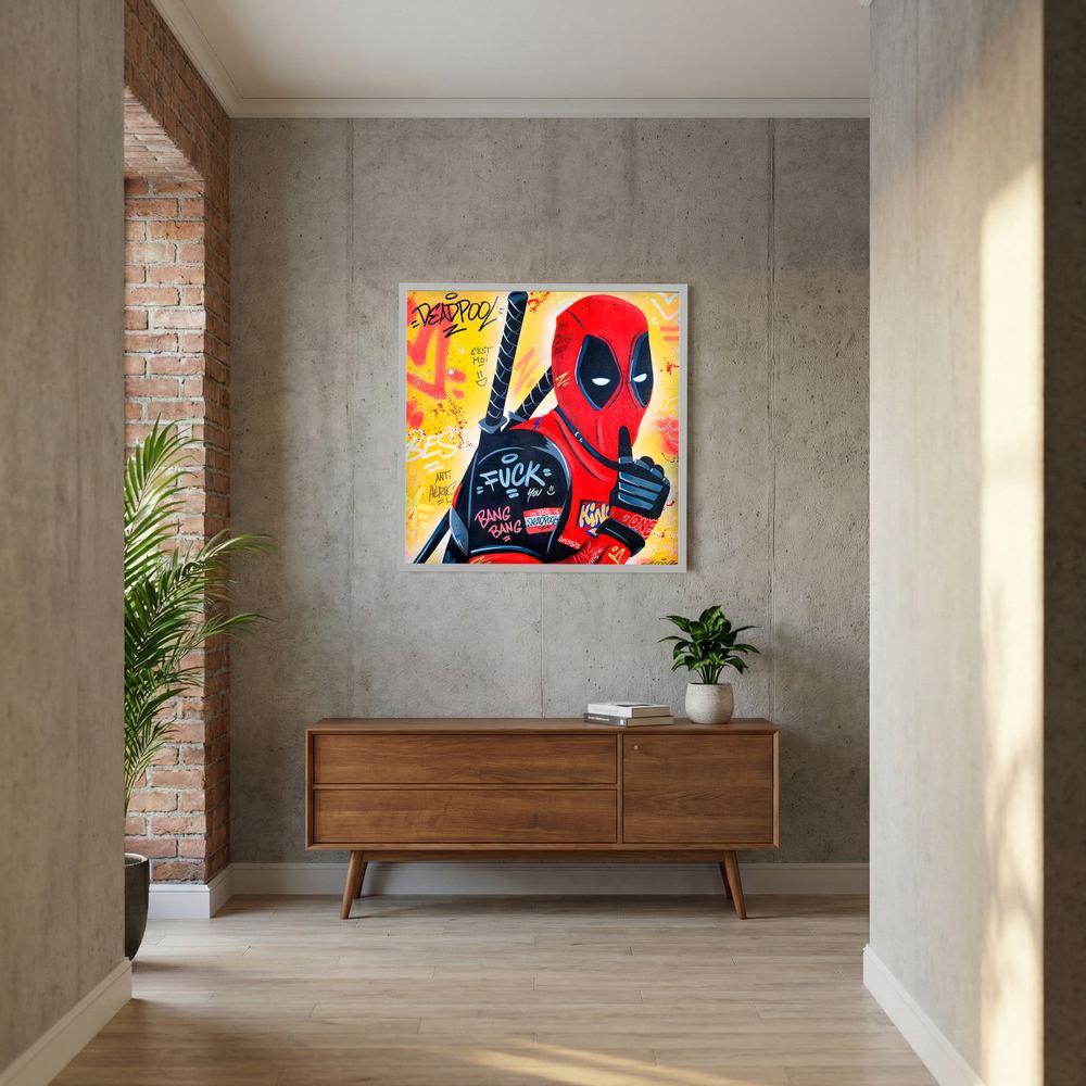 Red and yellow comic antihero pop art, shown in a white wooden frame.