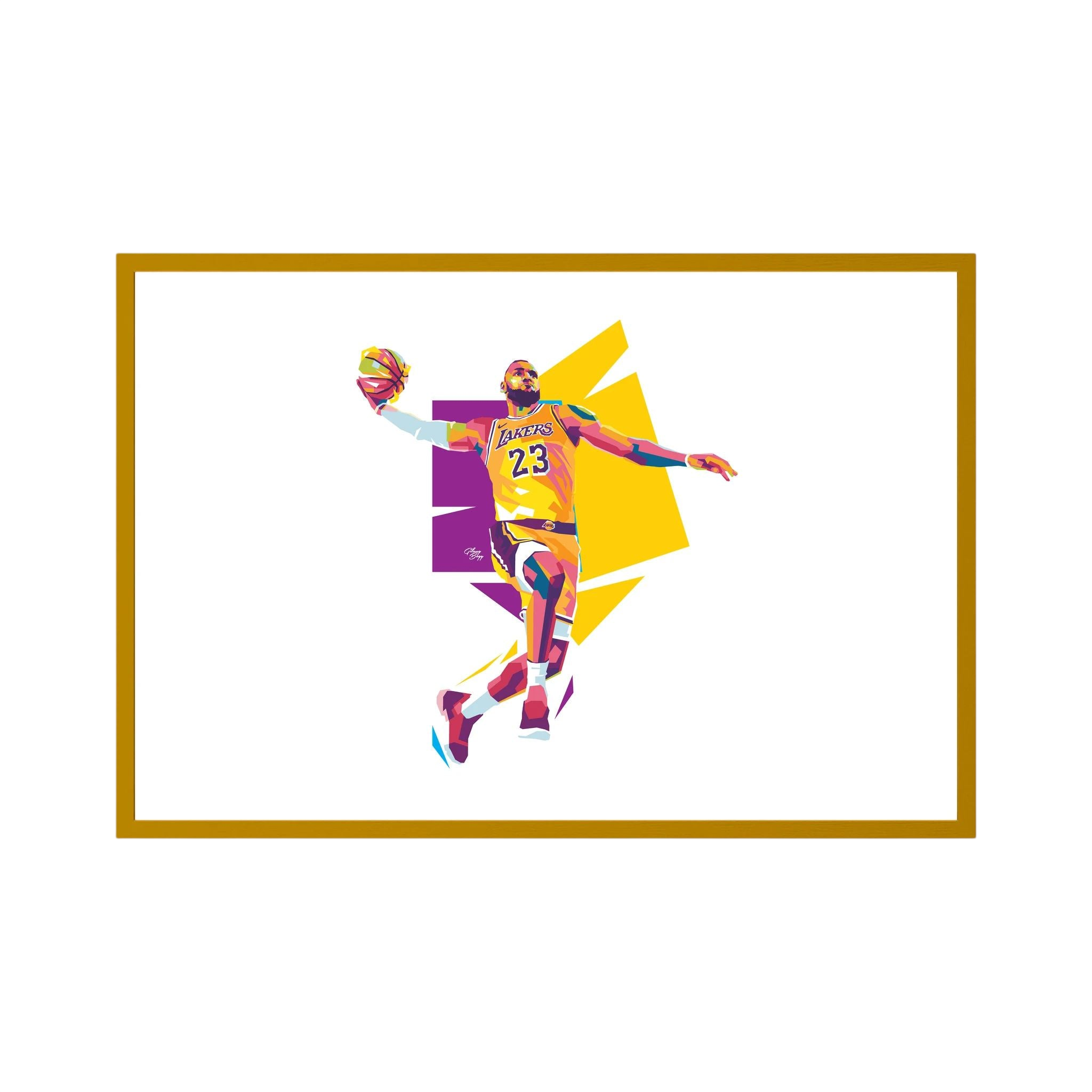Stylised LeBron James in yellow and purple rises with a basketball against angular colour blocks on white, shown in product view 4.