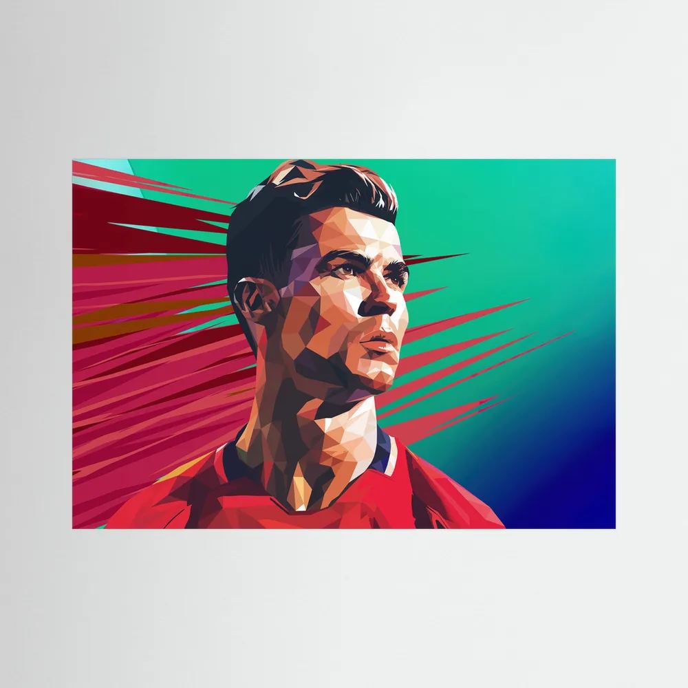 Geometric portrait of Cristiano Ronaldo in red against a green and burgundy speed-line background.